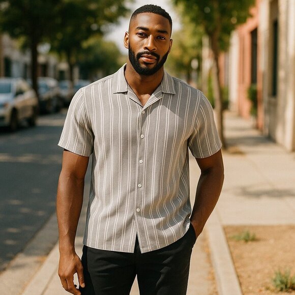 NWT 2 SZ 2XL No Boundaries Textured Striped Fabric Short Sleeve Men's Shirts - Picture 2 of 14